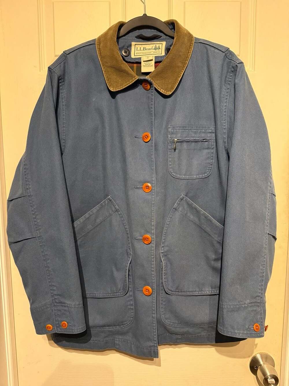 VTG LL Bean Field Coat Size M Reg Blue Canvas Plaid Lined Corduroy Collar - Picture 1 of 5